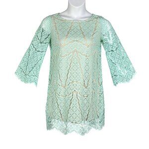 Maia Women 4 Kelly Green Dress Lace Overlay 3/4 Sleeve Nude Lining Scalloped Hem